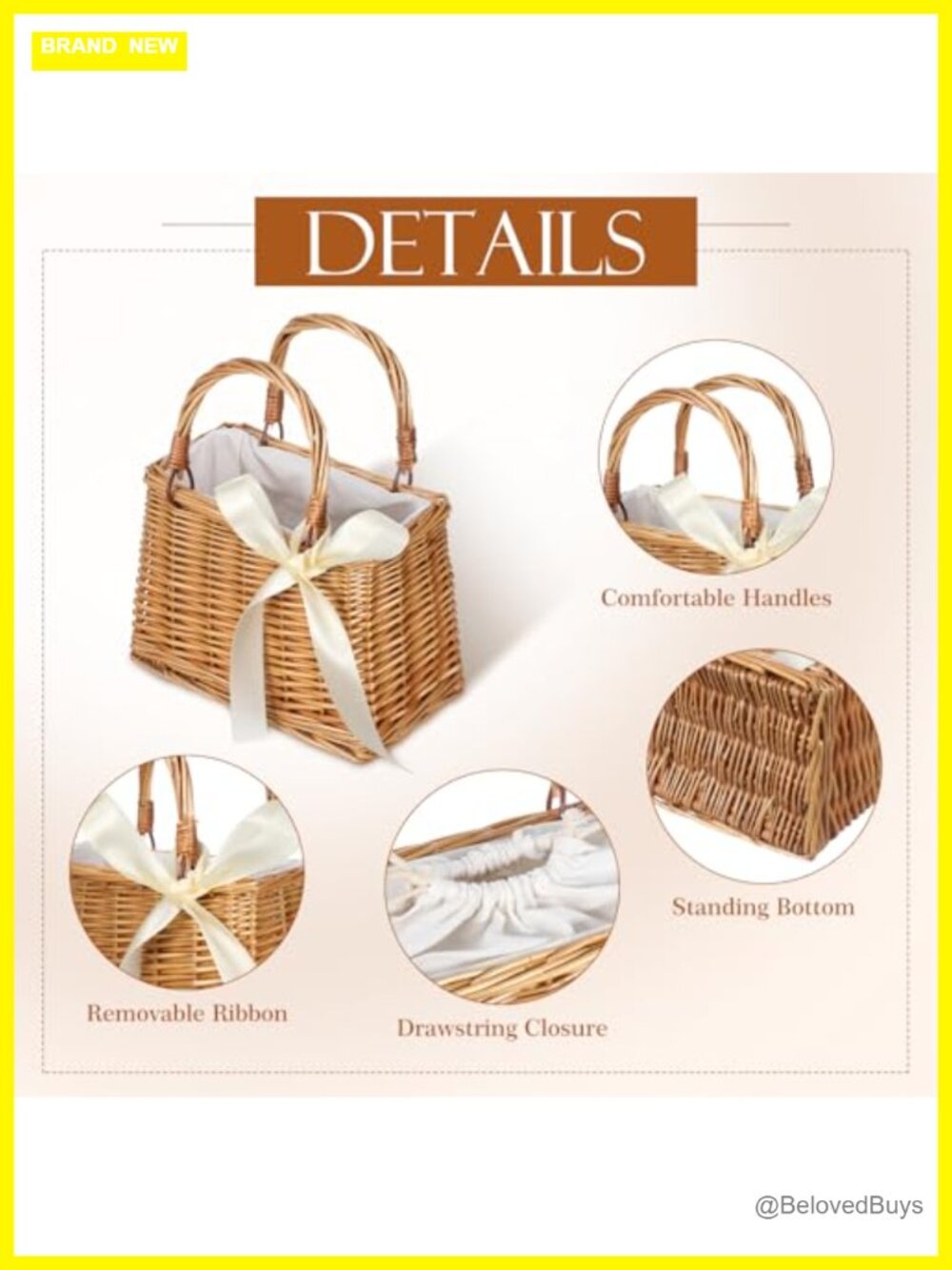 Rattan Straw Tote Bag, Boho Beach Purse with Top Handles & Satin Ribbon - Picture 5 of 7